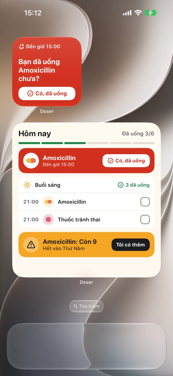 Tiện ích Doser trên Màn hình chính iPhone, hiện một liều bị trễ và danh sách hôm nay