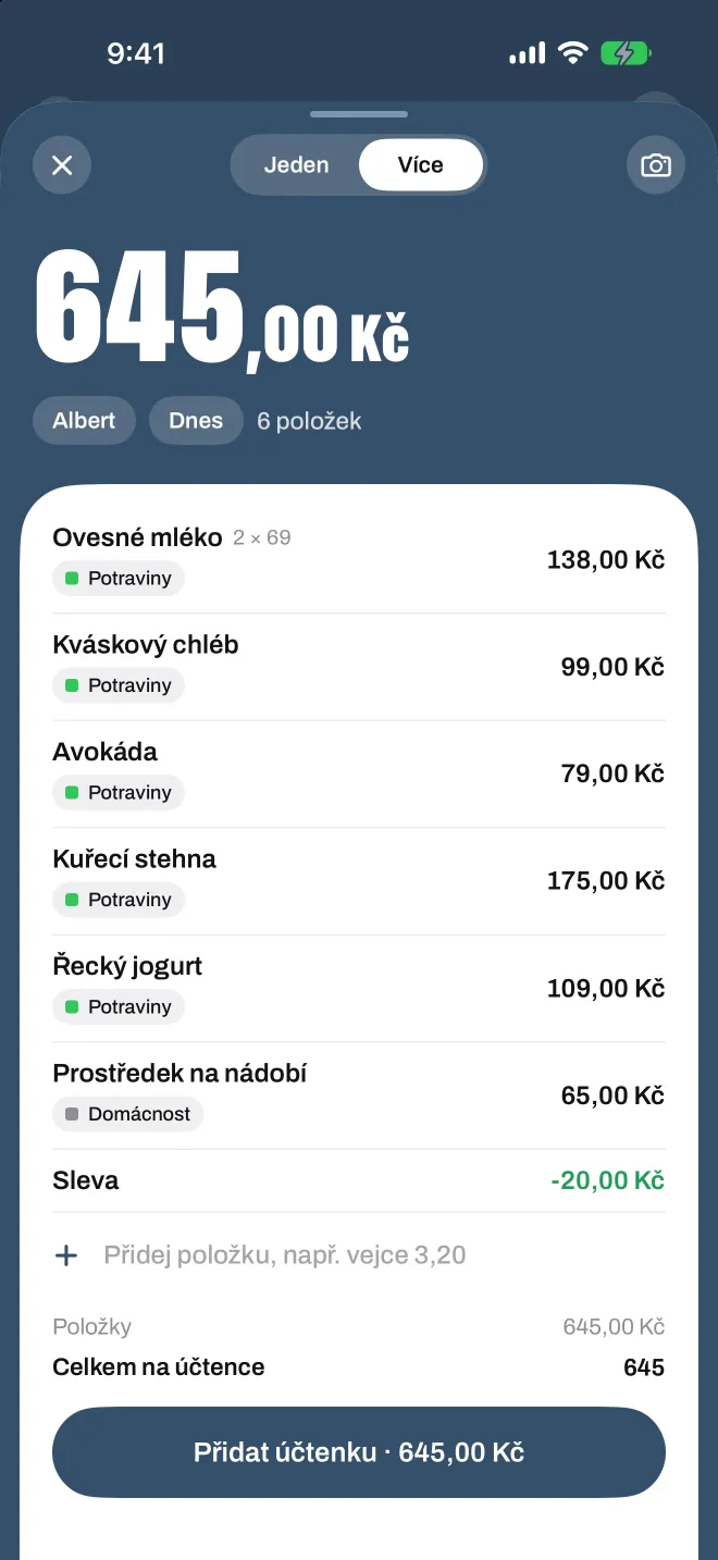 Naskenovaná účtenka z obchodu ve Spentiu, každá položka ve své kategorii