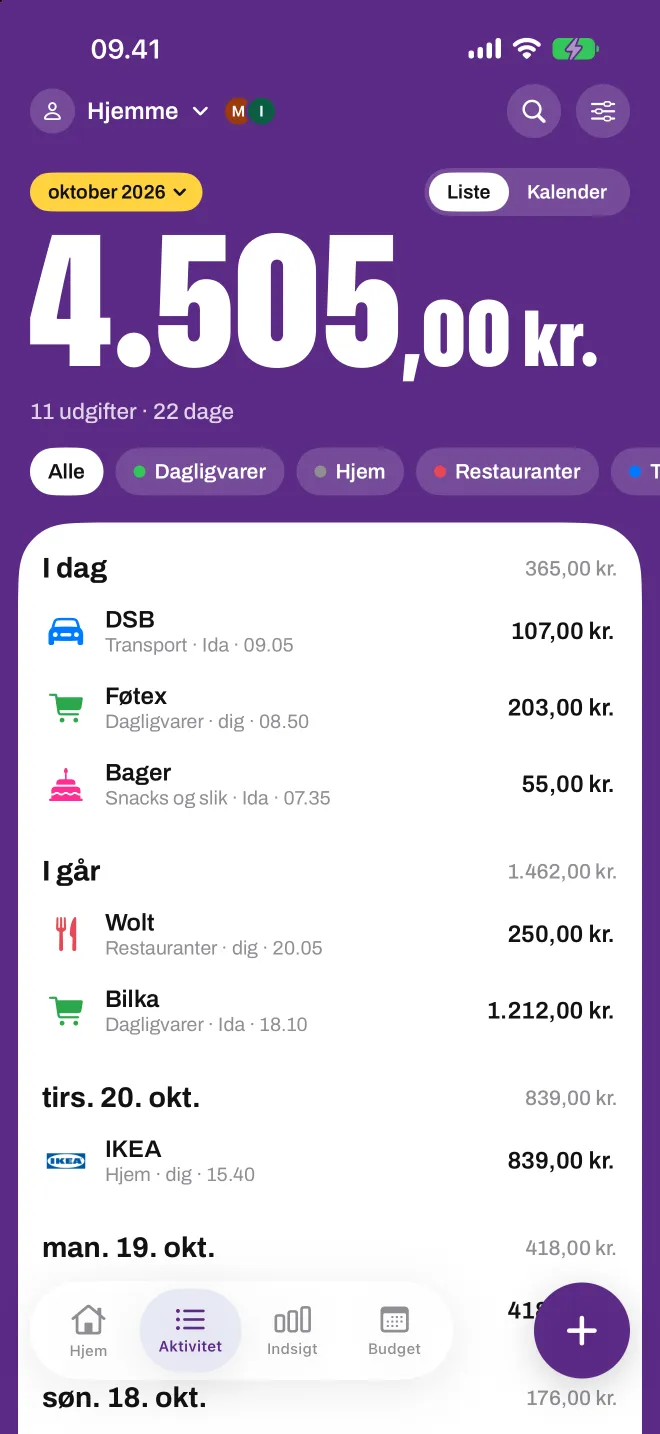 En delt Hjem-profil i Spentio, der viser, hvem der tilføjede hver udgift