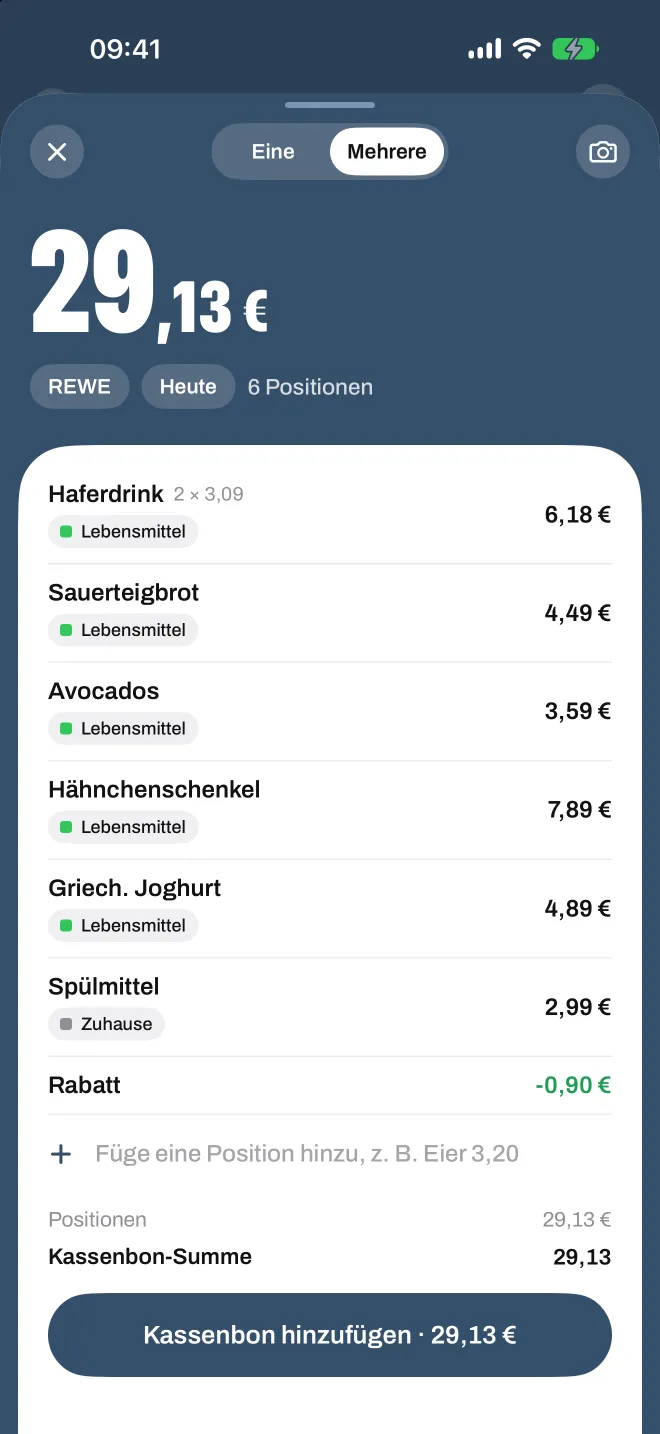 Ein gescannter Kassenbon in Spentio, jede Zeile mit ihrer Kategorie