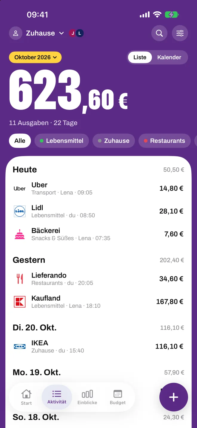 Ein geteiltes Profil Zuhause in Spentio, das zeigt, wer welche Ausgabe eingetragen hat