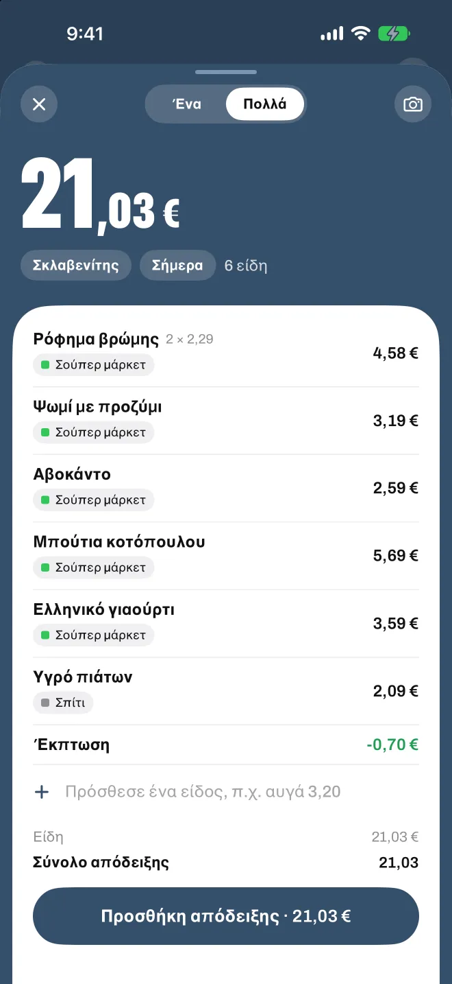 Μια σαρωμένη απόδειξη σούπερ μάρκετ στο Spentio, κάθε γραμμή με την κατηγορία της