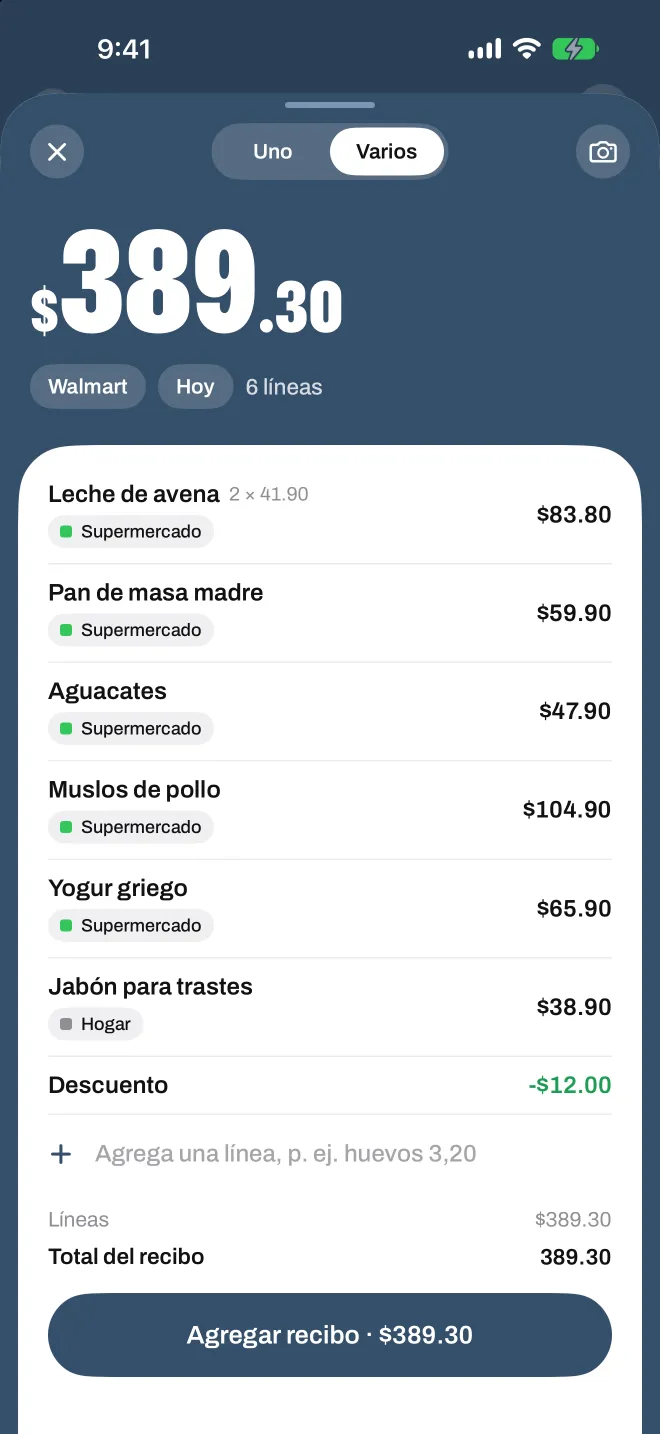 Un ticket del súper escaneado en Spentio, cada línea con su categoría