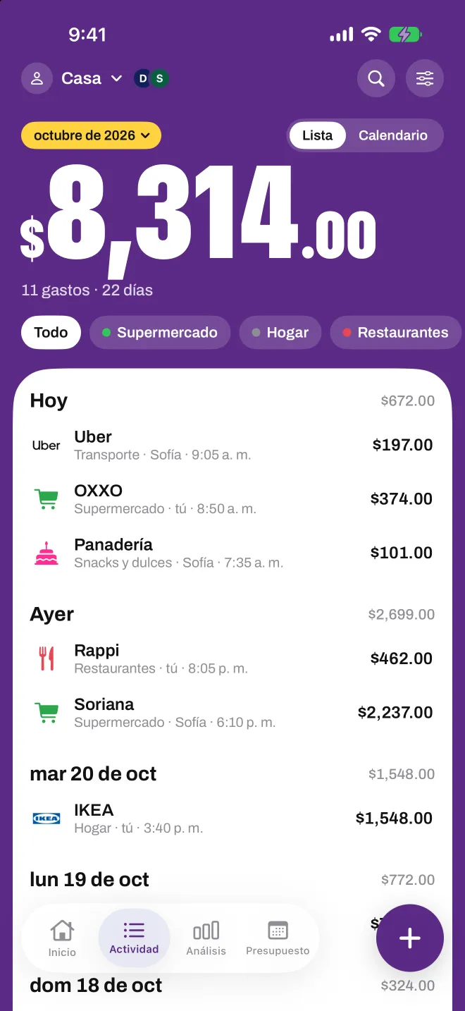 Un perfil Casa compartido en Spentio, con quién agregó cada gasto