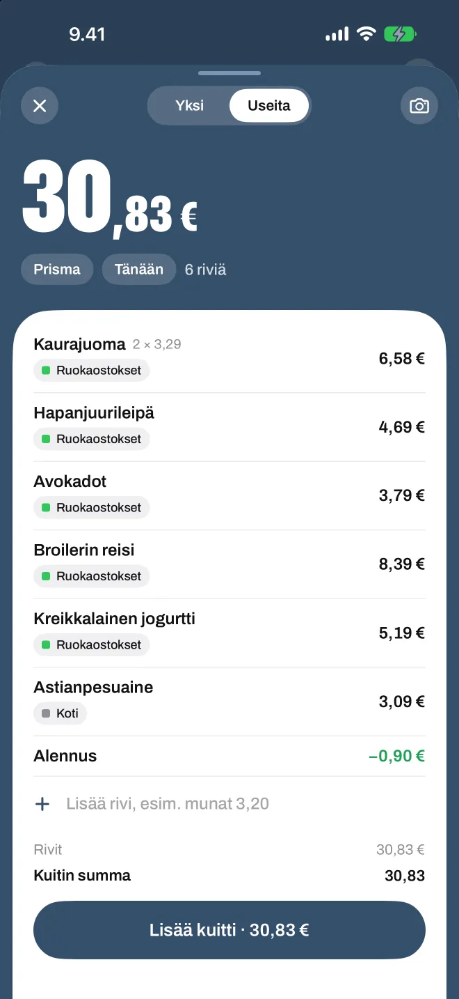 Skannattu ruokakuitti Spentiossa, jokainen rivi omassa luokassaan