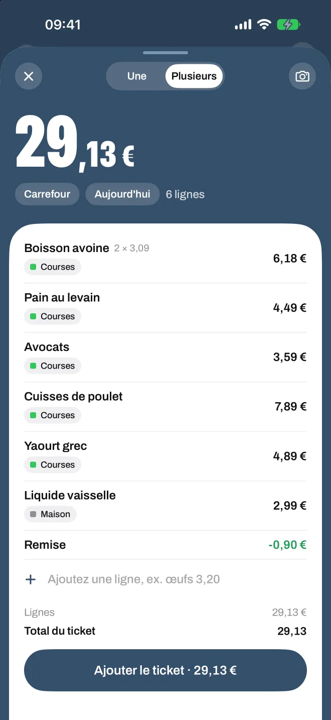 Un ticket de courses scanné dans Spentio, chaque ligne avec sa catégorie