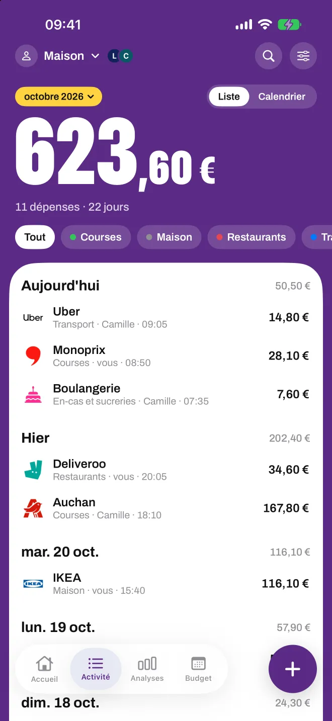 Un profil Maison partagé dans Spentio, avec qui a ajouté chaque dépense