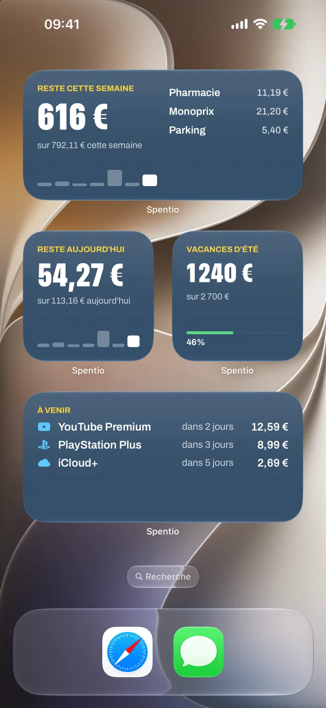Widgets Spentio sur l'écran d'accueil : reste cette semaine, reste aujourd'hui, un objectif d'épargne et les factures à venir
