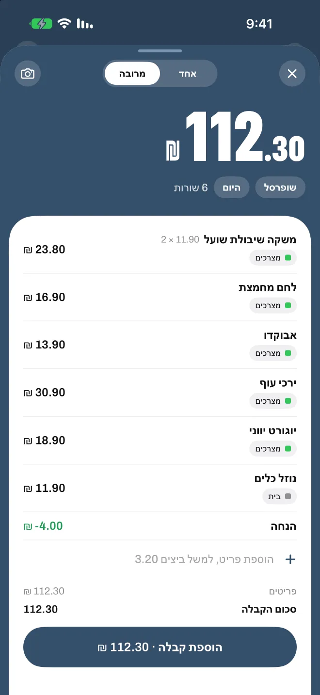 קבלה מהסופר שנסרקה ב-Spentio, כל שורה בקטגוריה שלה