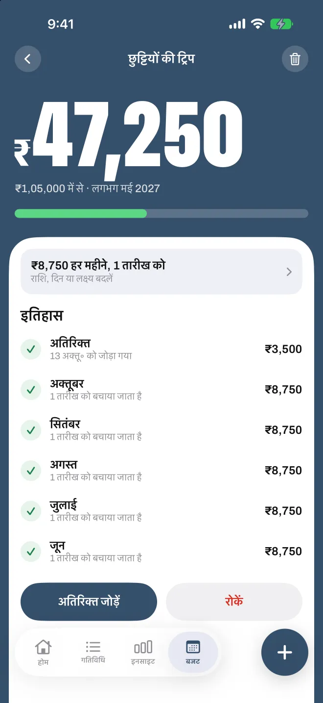 Spentio में बचत का लक्ष्य, हर महीने की बचत के साथ