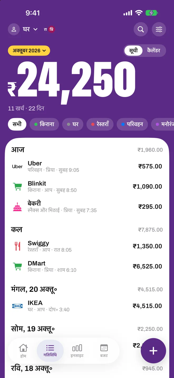 Spentio में साझा घर प्रोफ़ाइल, जिसमें दिखता है कि हर खर्च किसने जोड़ा