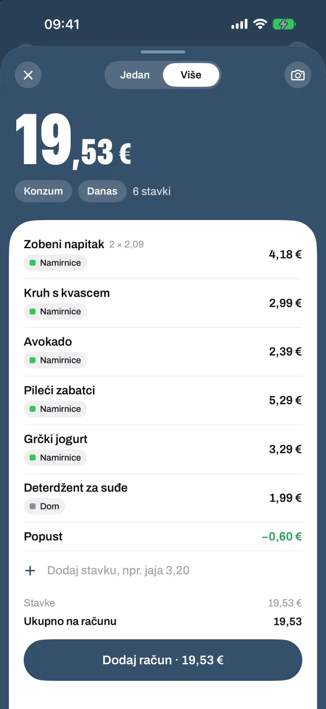 Skenirani račun iz trgovine u Spentiju, svaka stavka u svojoj kategoriji