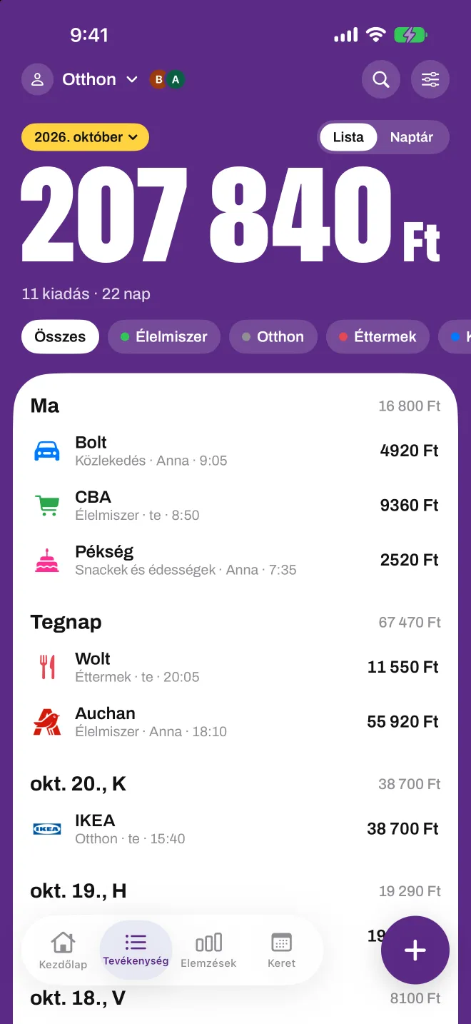 Megosztott Otthon profil a Spentióban, amelyen látszik, ki adta hozzá az egyes kiadásokat