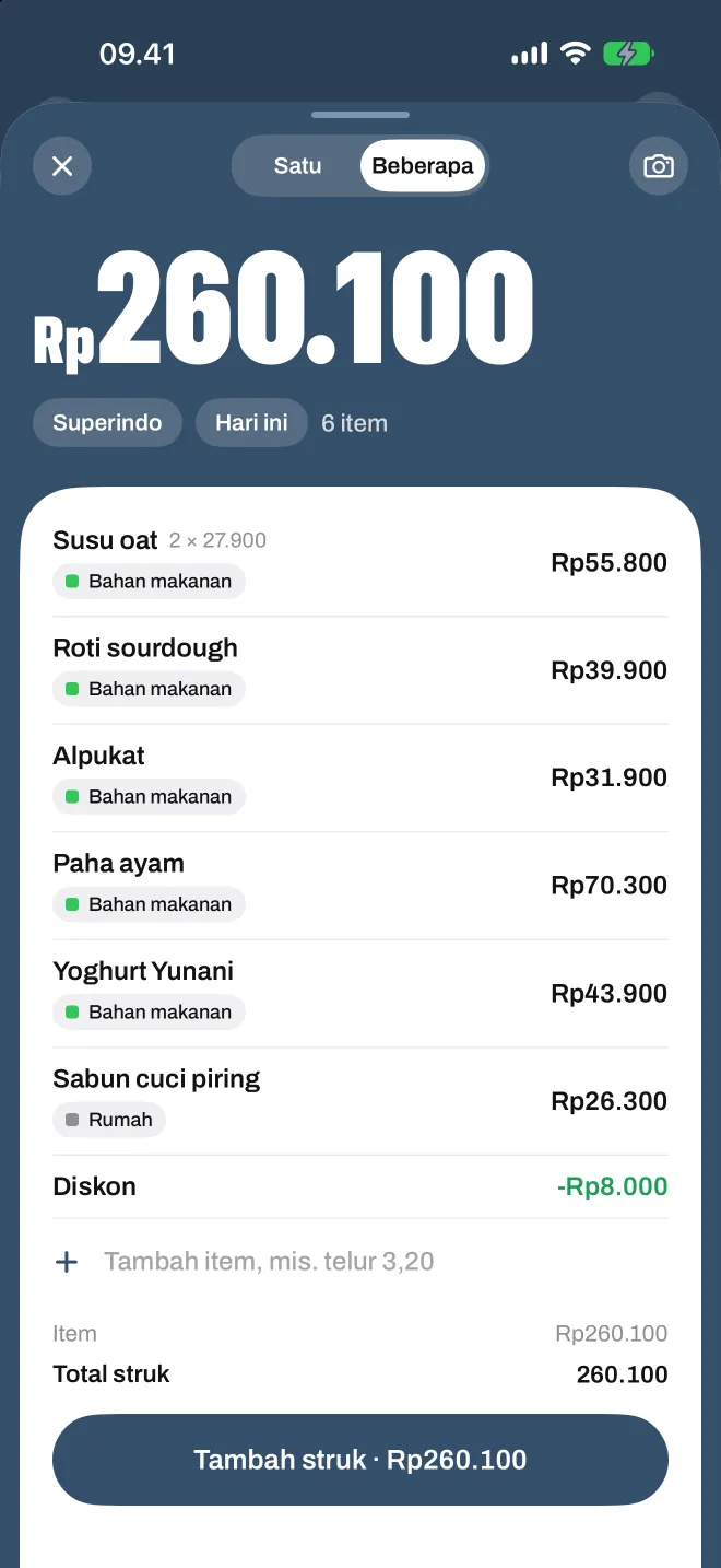 Struk belanja yang dipindai di Spentio, setiap baris dengan kategorinya