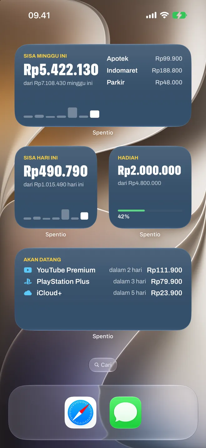 Widget Spentio di layar Utama: sisa minggu ini, sisa hari ini, target tabungan, dan tagihan berikutnya
