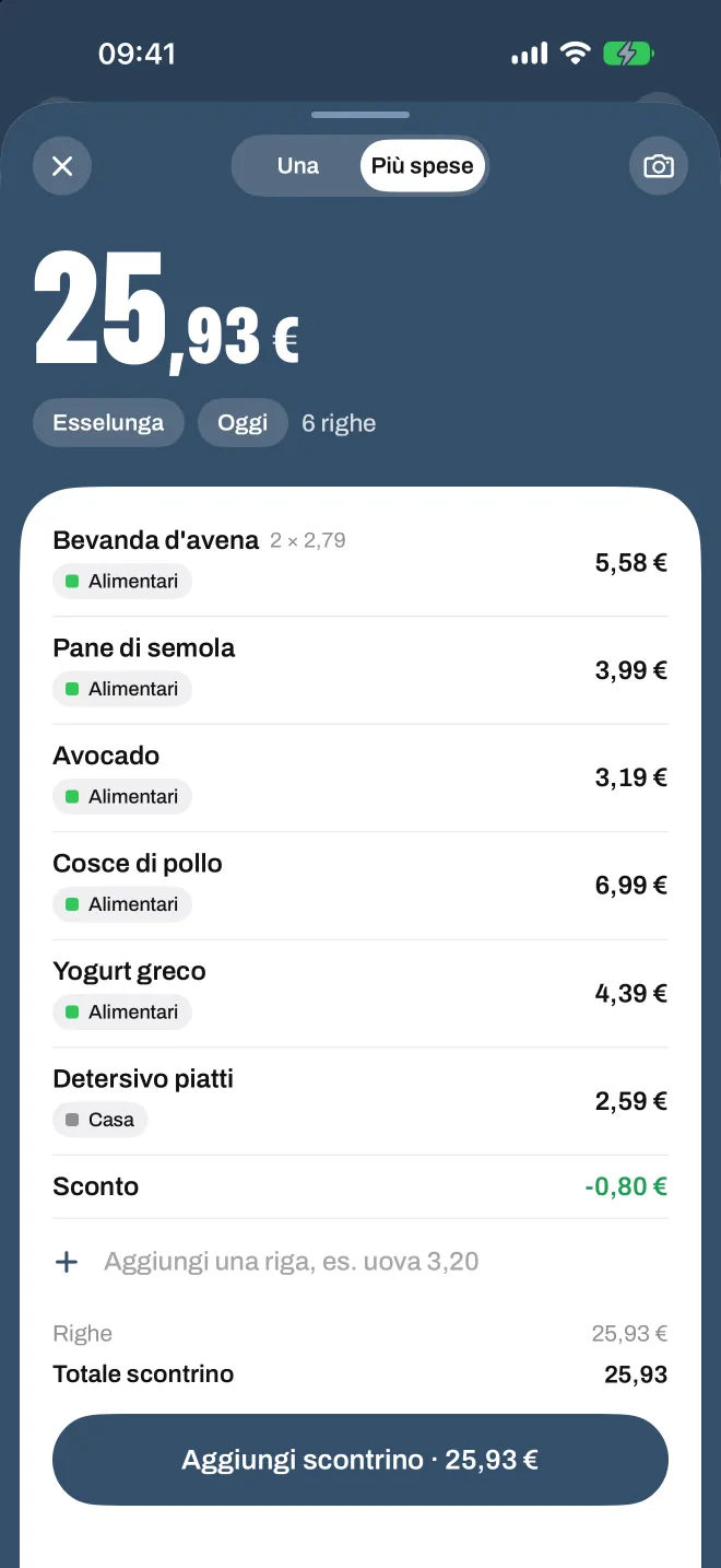 Uno scontrino della spesa scansionato in Spentio, ogni riga con la sua categoria