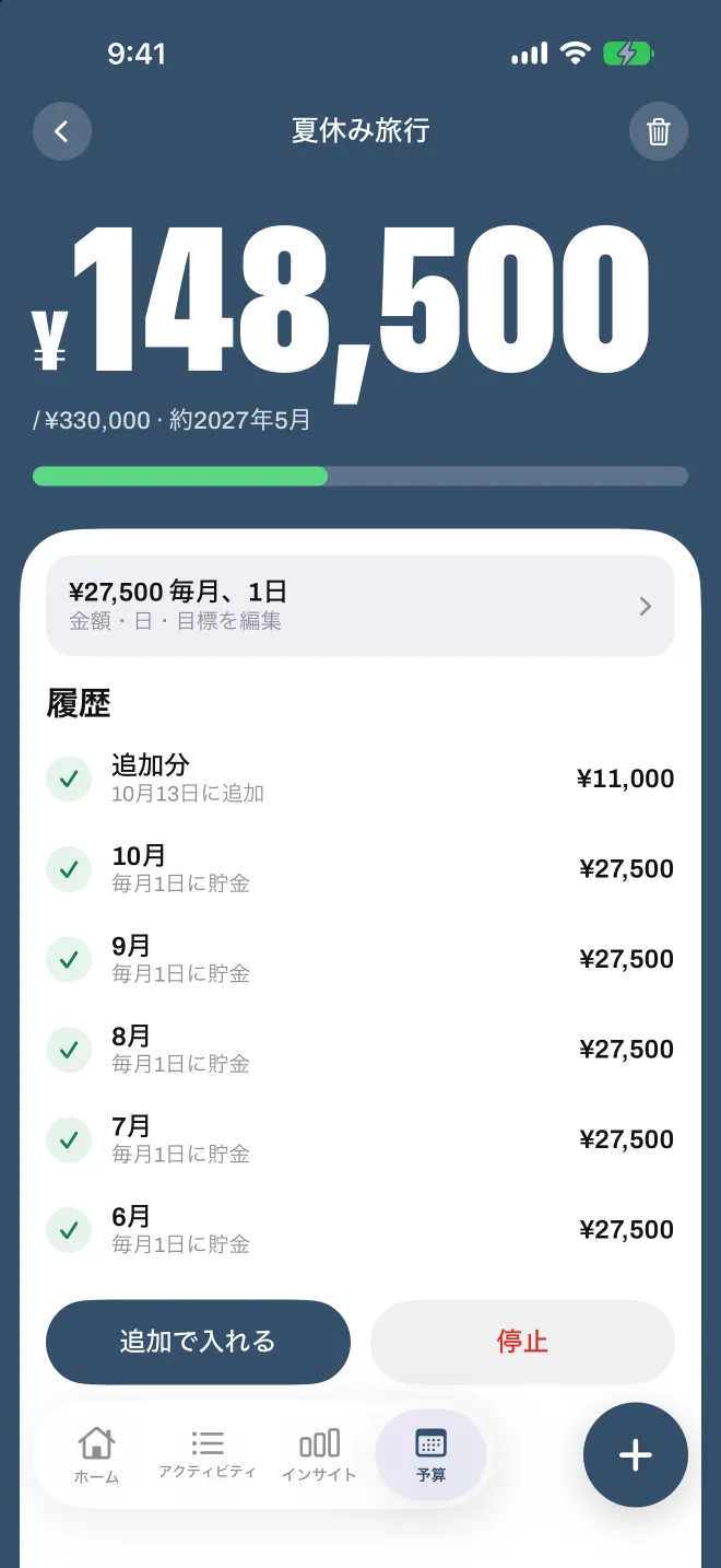 Spentio の貯金目標。毎月の貯金額の一覧付き