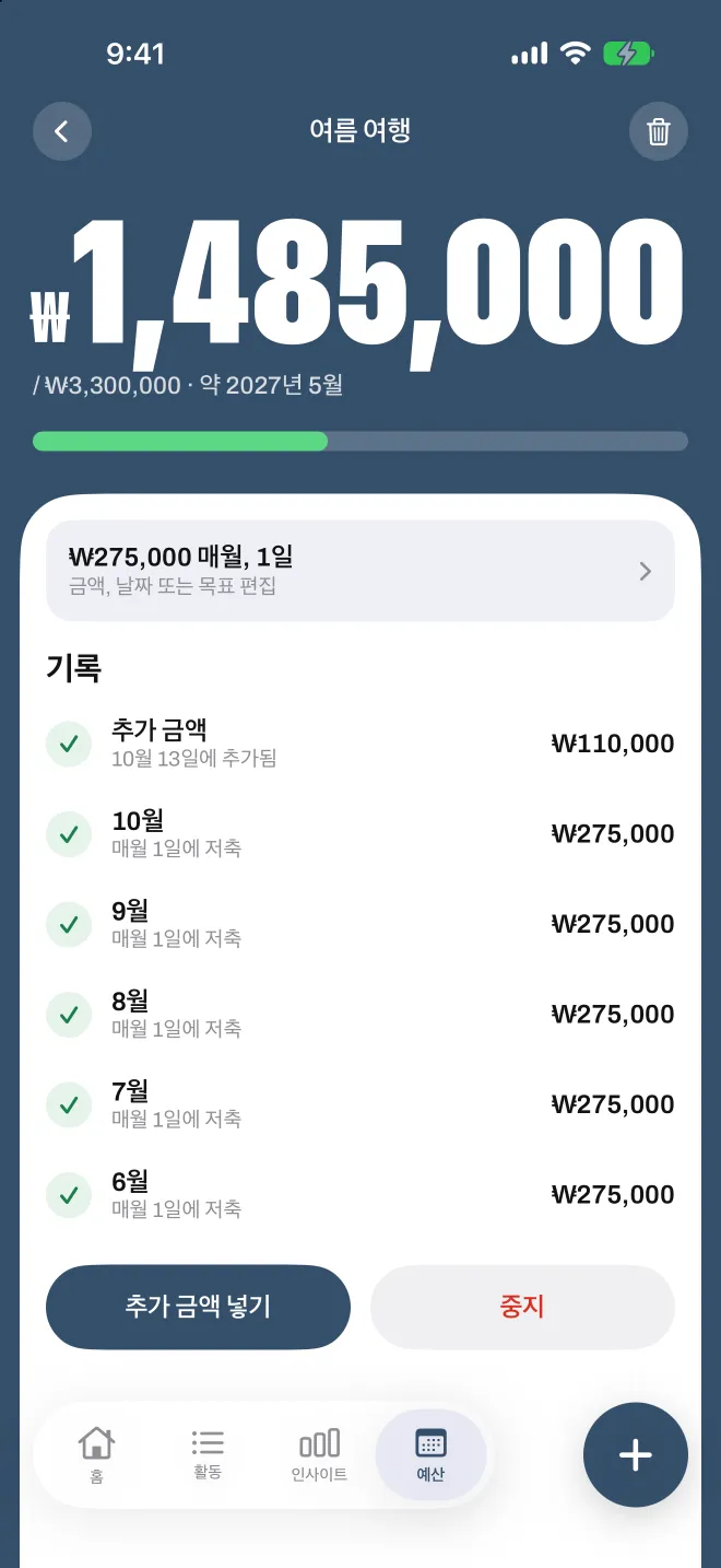 Spentio의 저축 목표, 매달 저축한 금액 목록