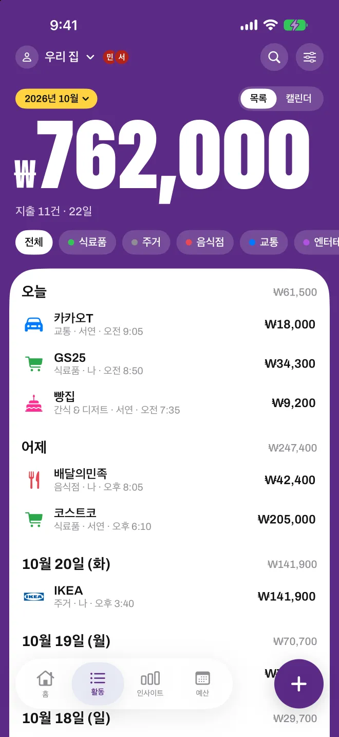 Spentio에서 공유한 '주거' 프로필, 누가 어떤 지출을 추가했는지 표시