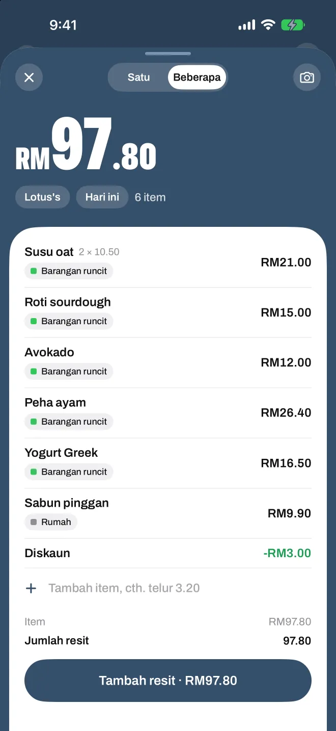 Resit barangan runcit yang diimbas dalam Spentio, setiap baris dengan kategorinya