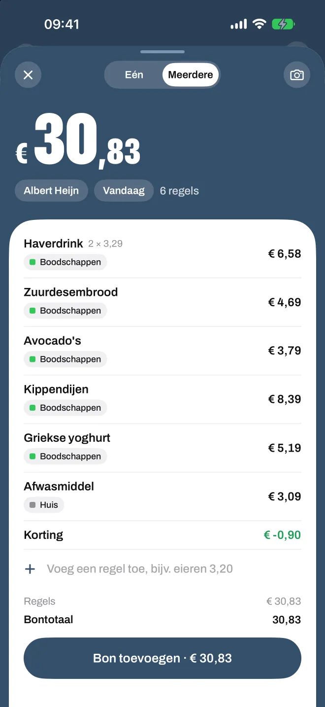 Een gescand boodschappenbonnetje in Spentio, elke regel met zijn eigen categorie