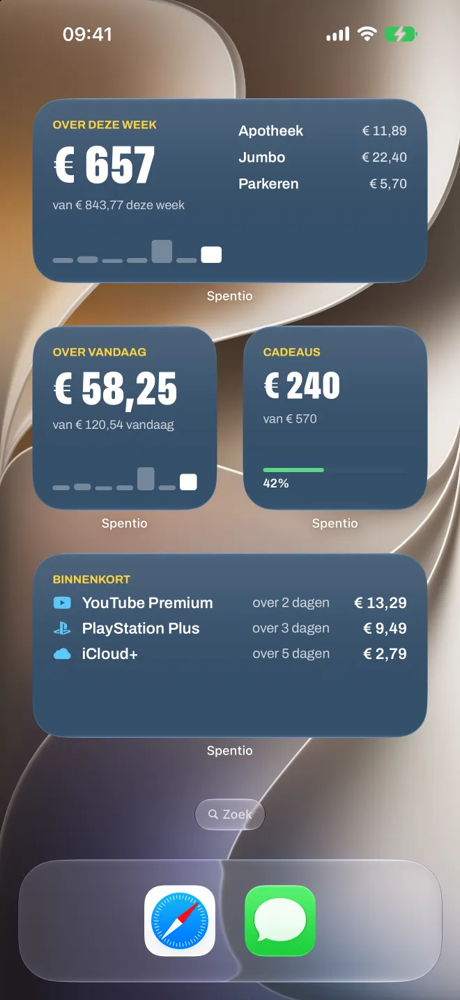 Spentio-widgets op het beginscherm: over deze week, over vandaag, een spaardoel en komende rekeningen