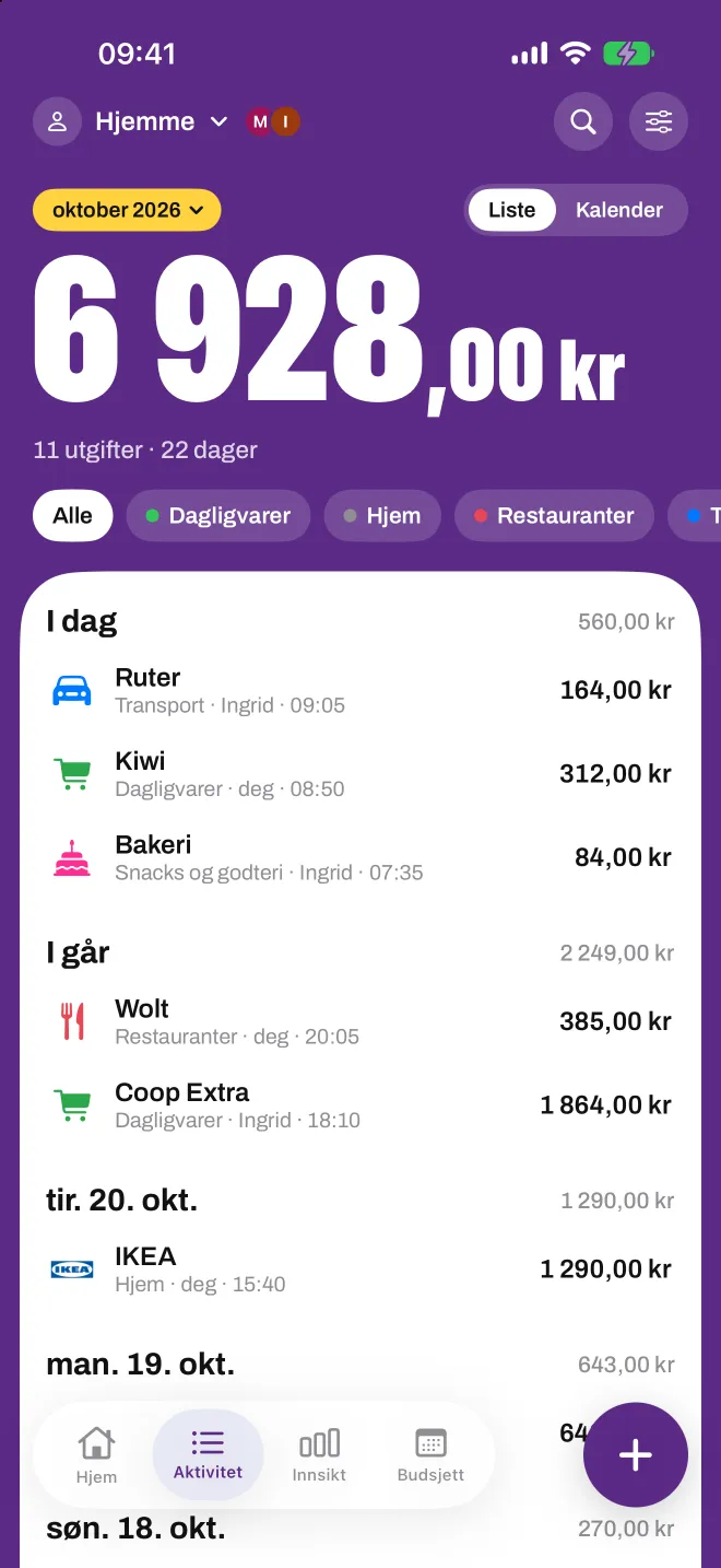 En delt Hjem-profil i Spentio som viser hvem som la inn hver utgift