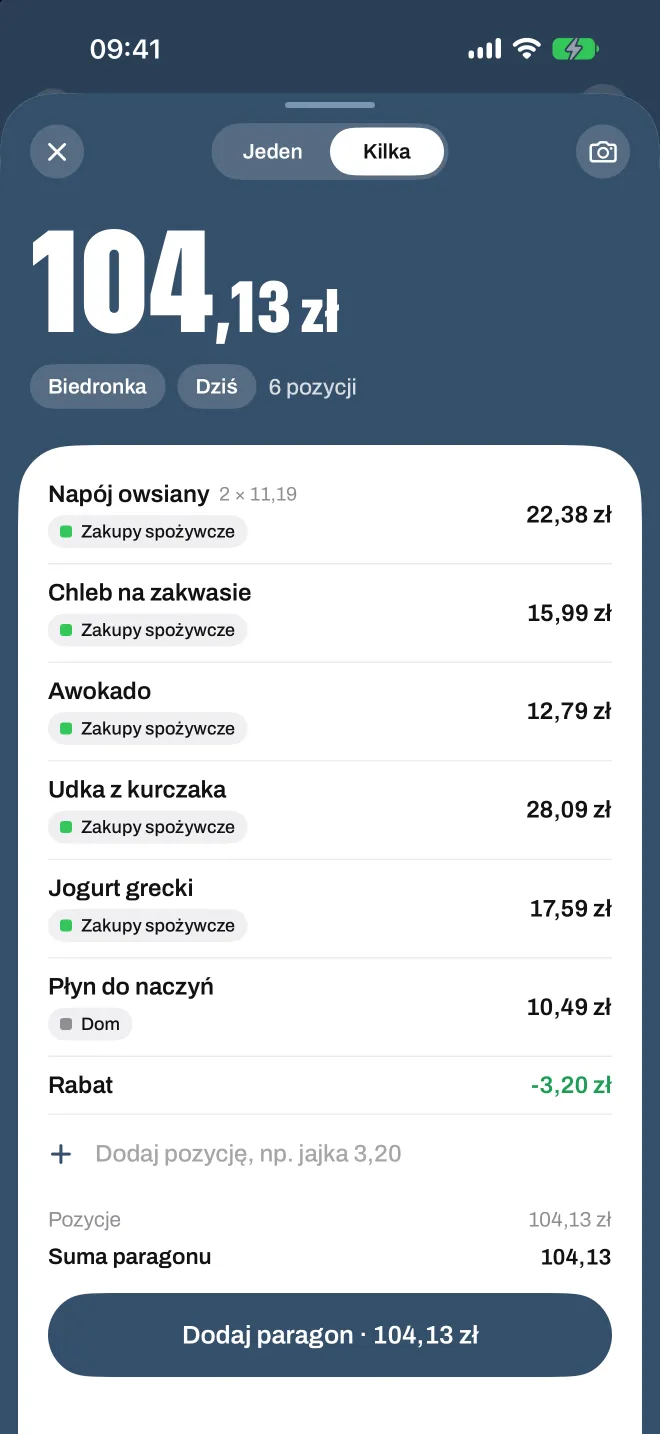 Zeskanowany paragon ze sklepu w Spentio, każda pozycja w swojej kategorii