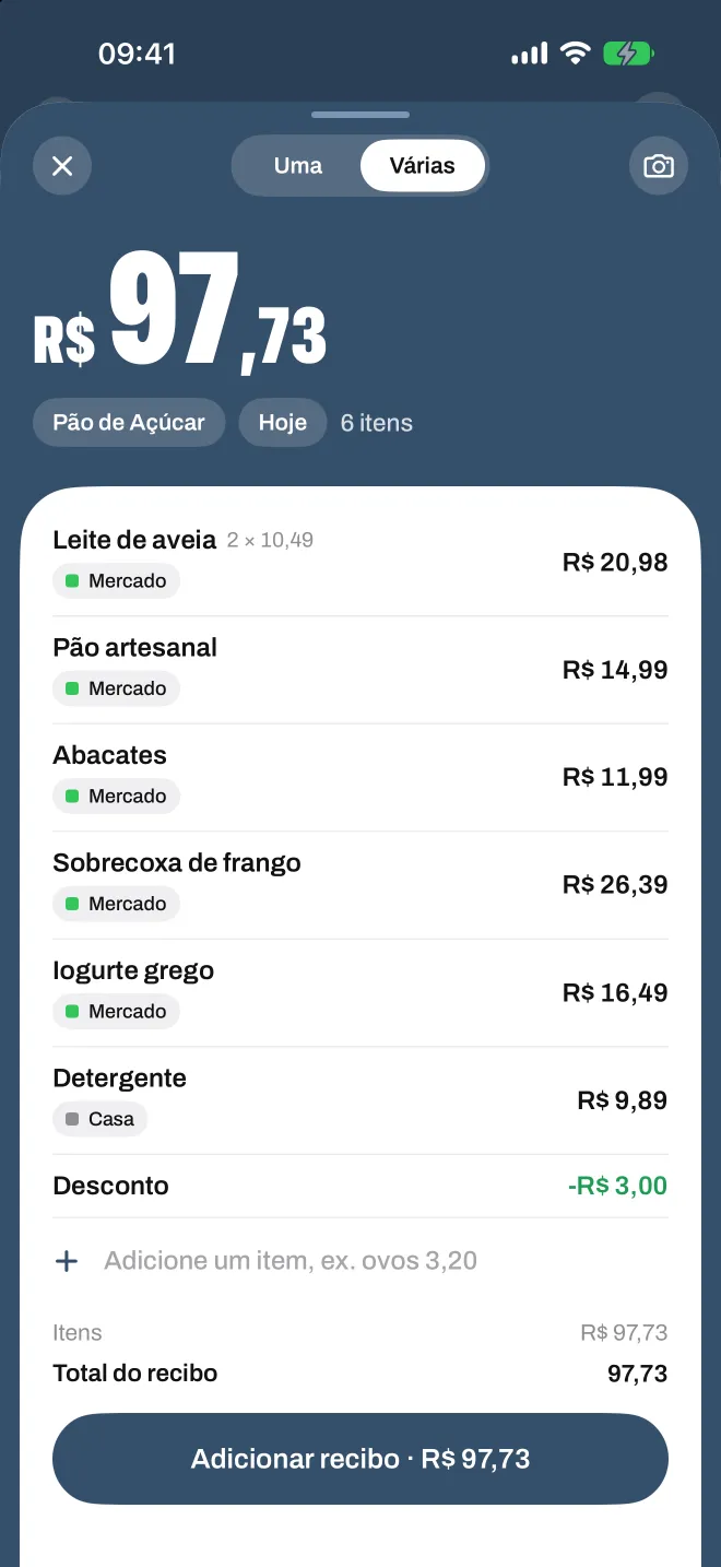 Um cupom de mercado escaneado no Spentio, cada linha com a sua categoria