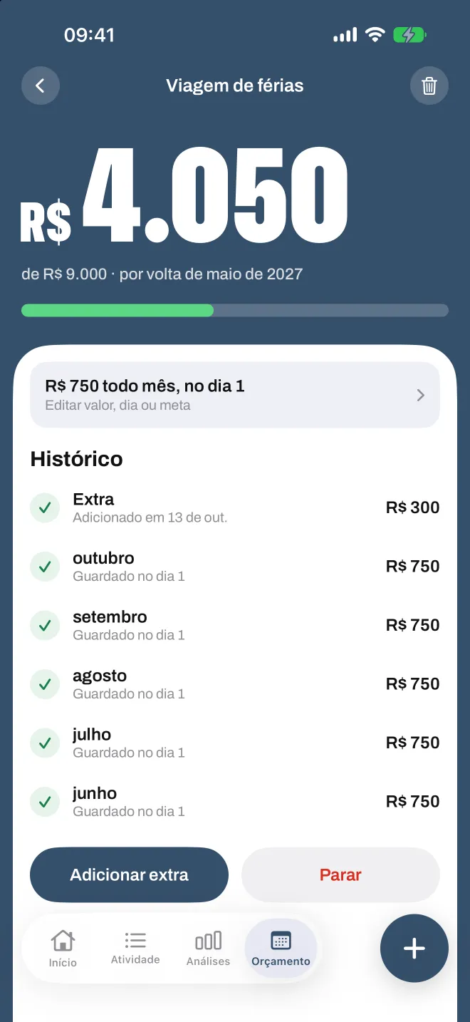 Uma meta de economia no Spentio, com o valor guardado em cada mês