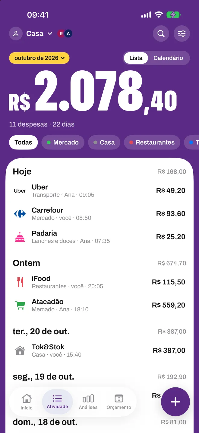 Um perfil Casa compartilhado no Spentio, mostrando quem adicionou cada gasto