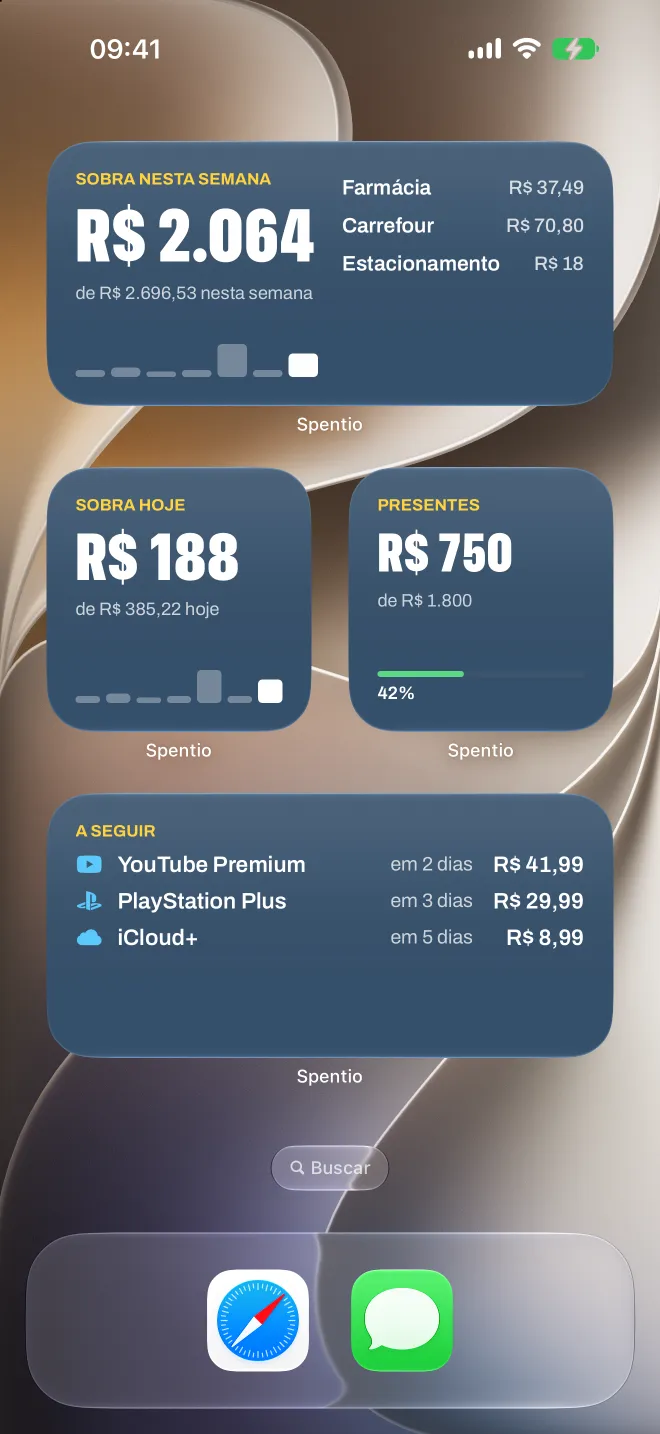 Widgets do Spentio na tela de início: sobra nesta semana, sobra hoje, uma meta de economia e as próximas contas