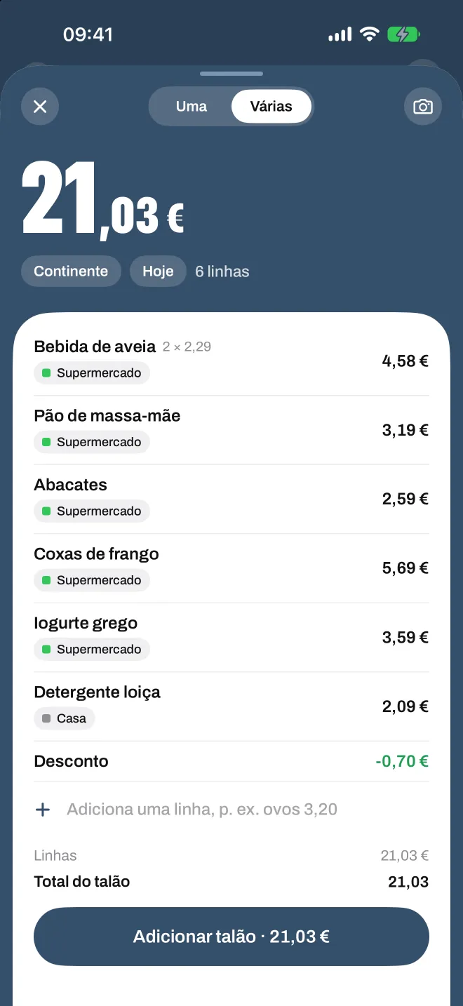 Um talão do supermercado digitalizado no Spentio, cada linha com a sua categoria