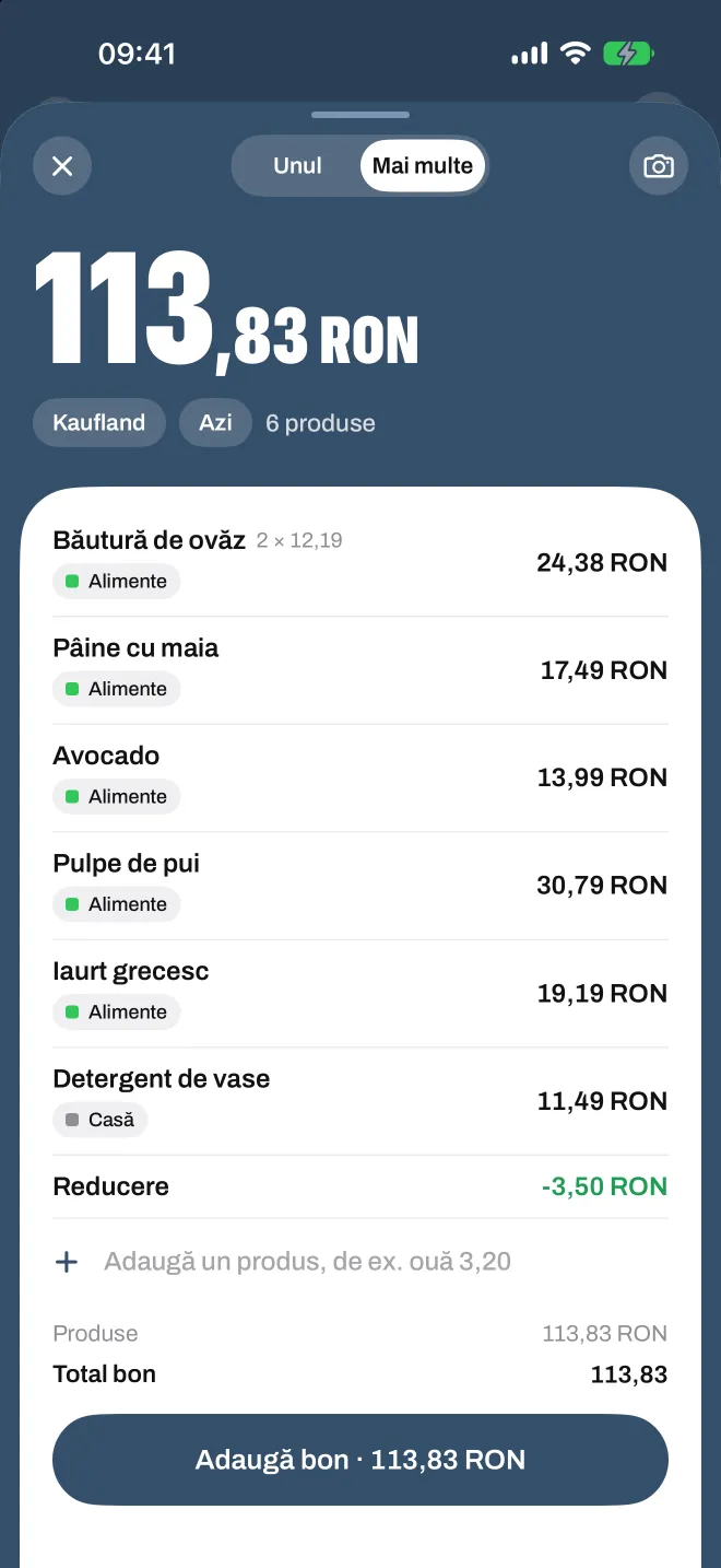 Un bon de la magazin scanat în Spentio, fiecare rând cu categoria lui
