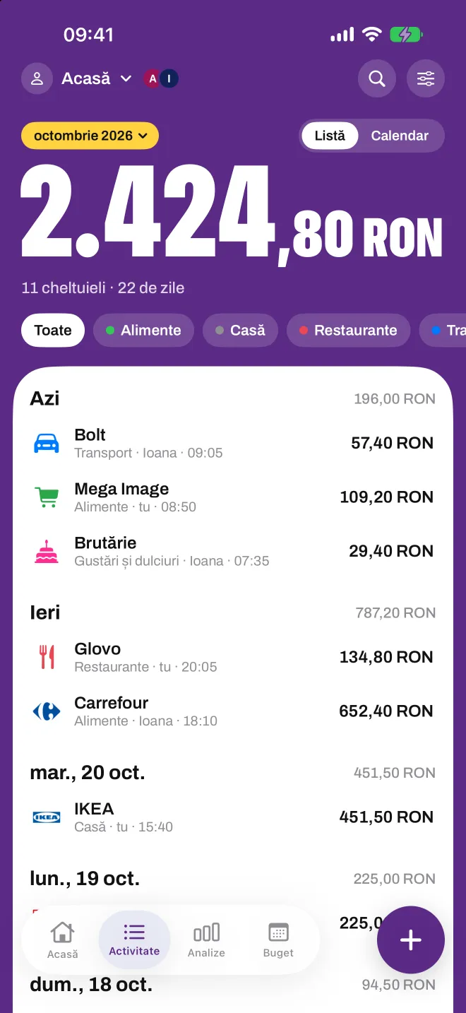 Un profil comun Casă în Spentio, care arată cine a adăugat fiecare cheltuială