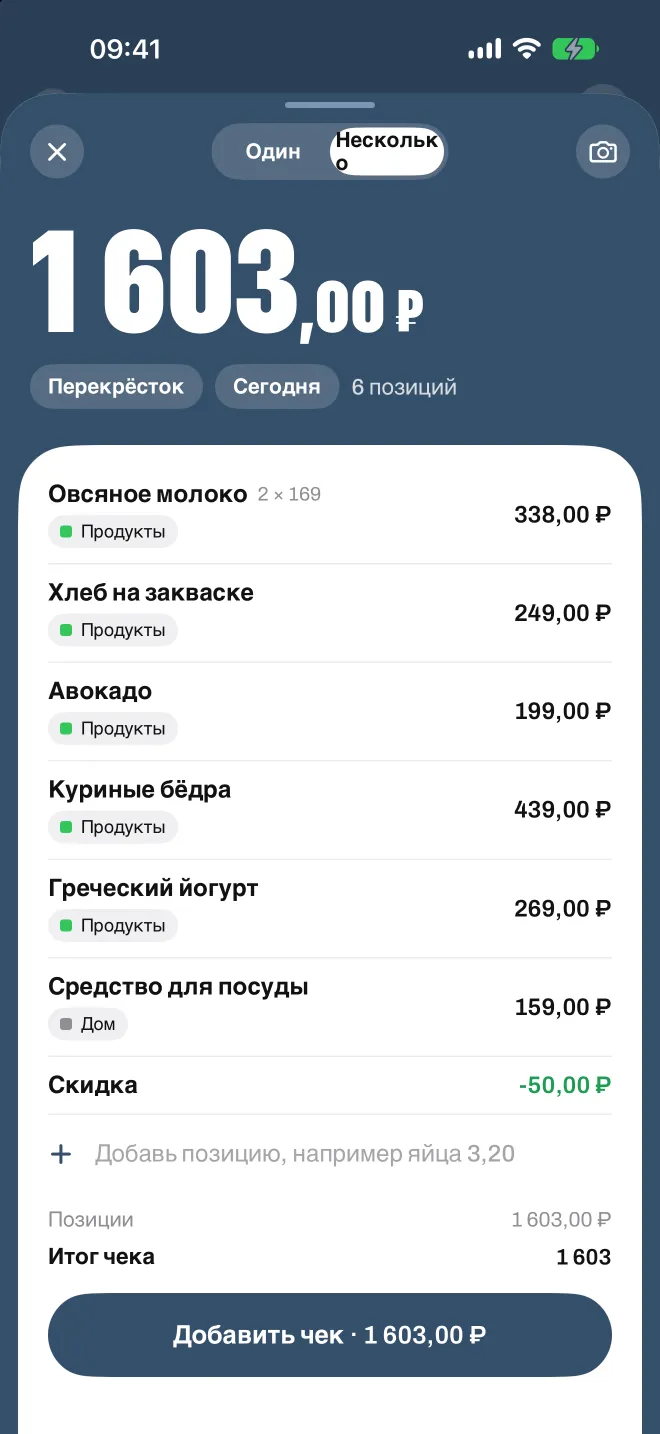 Отсканированный чек из магазина в Spentio, каждая строка в своей категории
