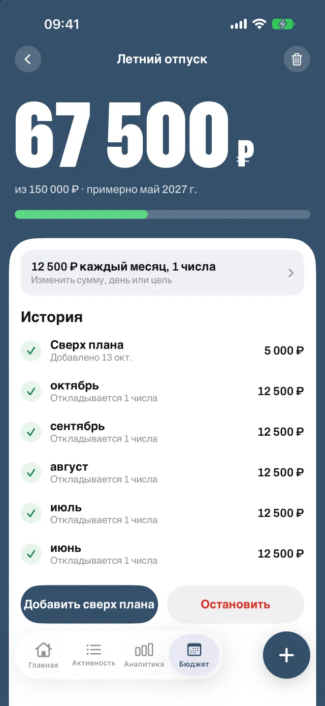Цель накоплений в Spentio с суммой за каждый месяц
