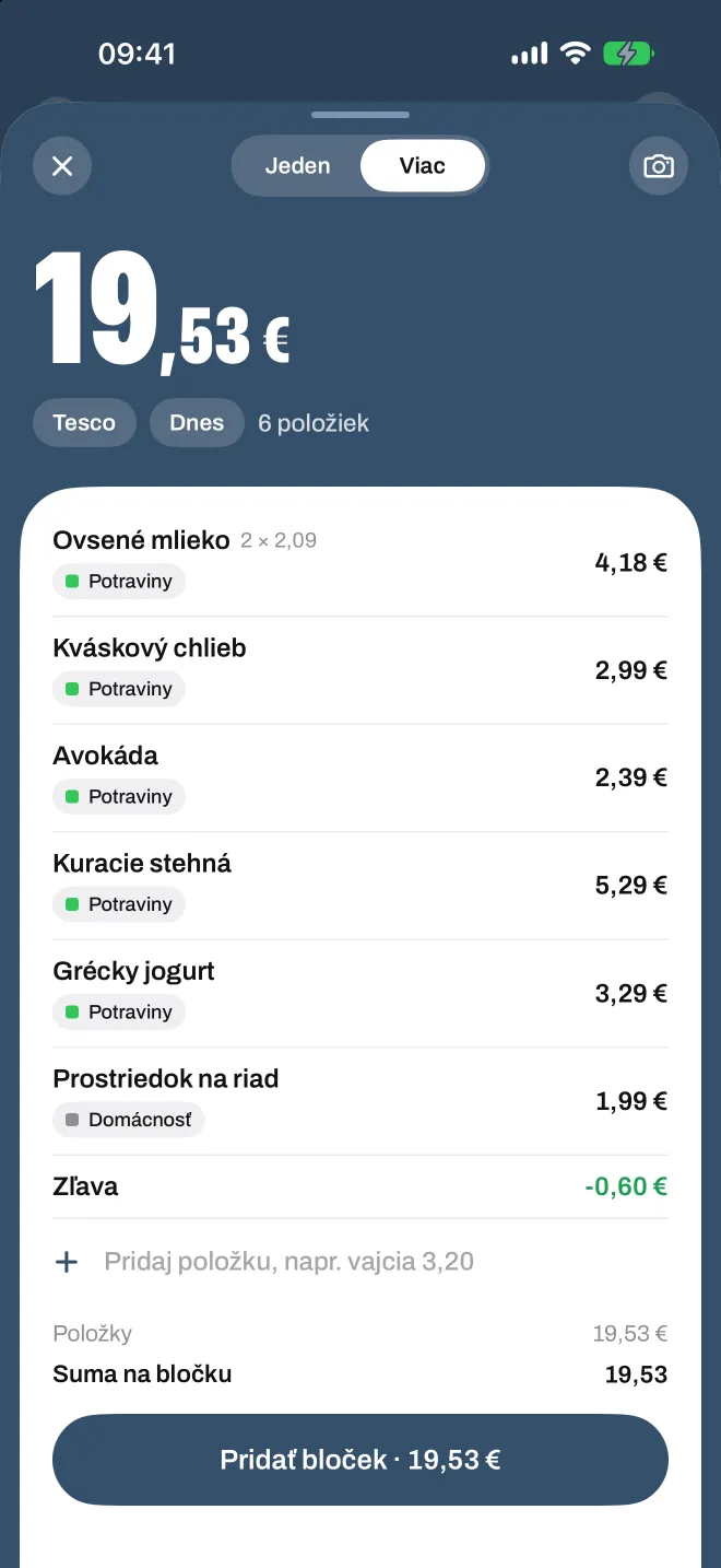 Naskenovaný bloček z obchodu v Spentiu, každá položka vo svojej kategórii