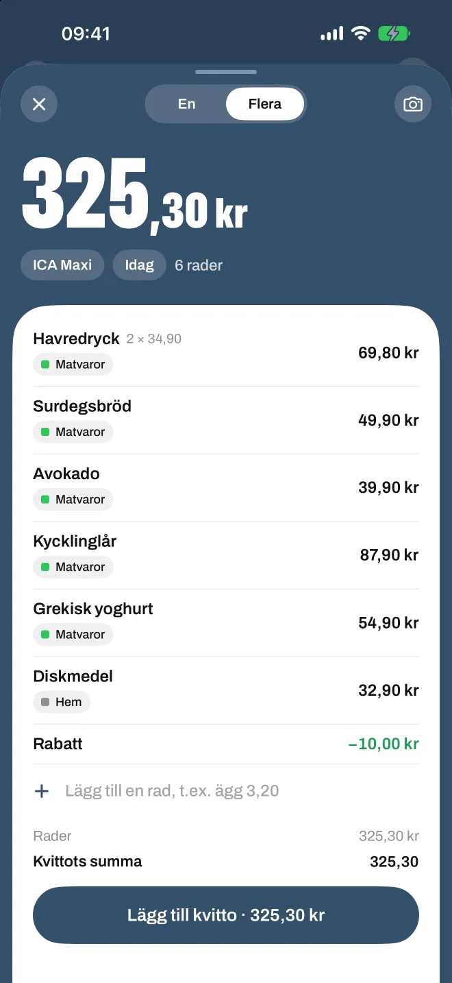 Ett skannat matkvitto i Spentio, varje rad med sin kategori