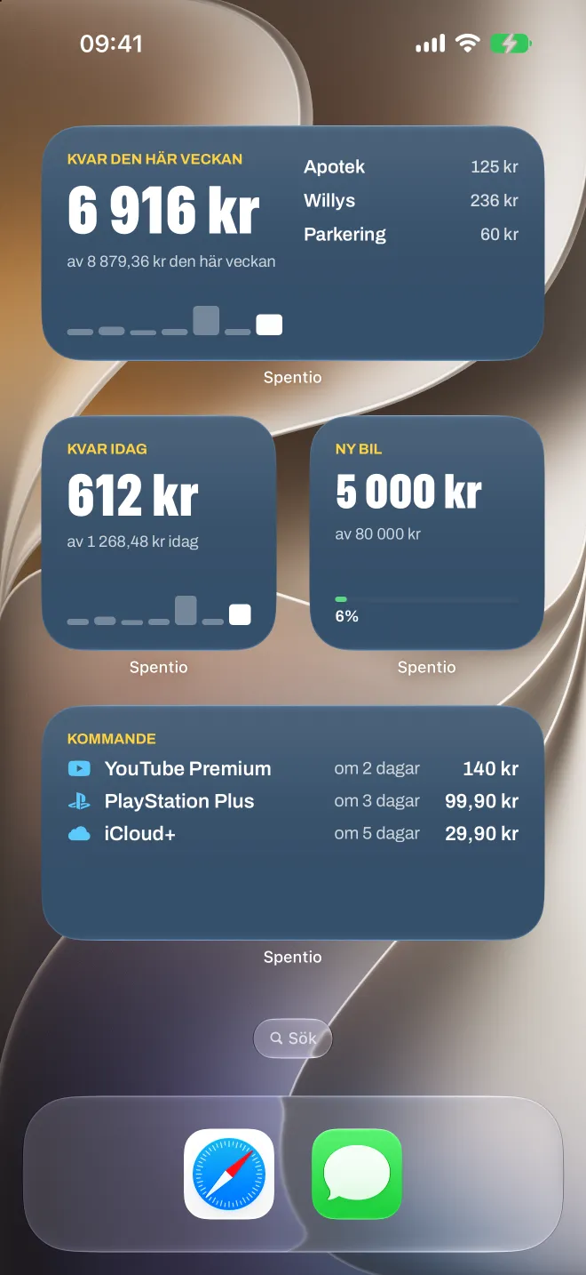 Spentio-widgetar på hemskärmen: kvar den här veckan, kvar i dag, ett sparmål och kommande räkningar