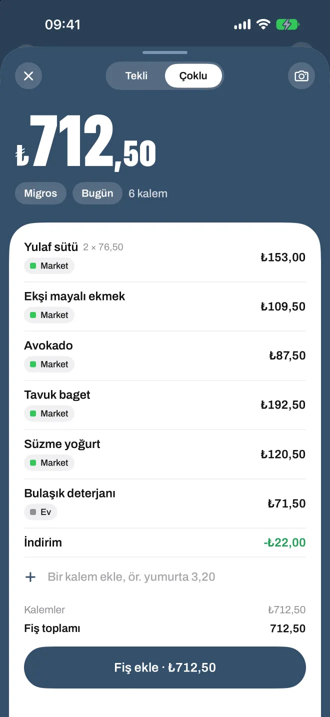 Spentio'da taranmış bir market fişi, her satır kendi kategorisinde