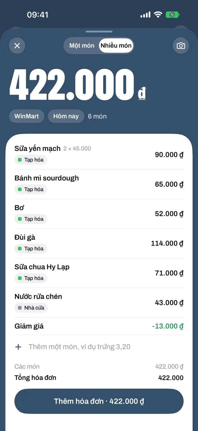 Một hóa đơn siêu thị đã quét trong Spentio, mỗi dòng có danh mục riêng